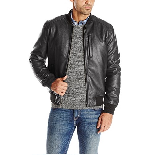 Cole Haan Signature Men's Zip Front Faux Leather Varsity Jacket, Black, X-Large, Only $38.59