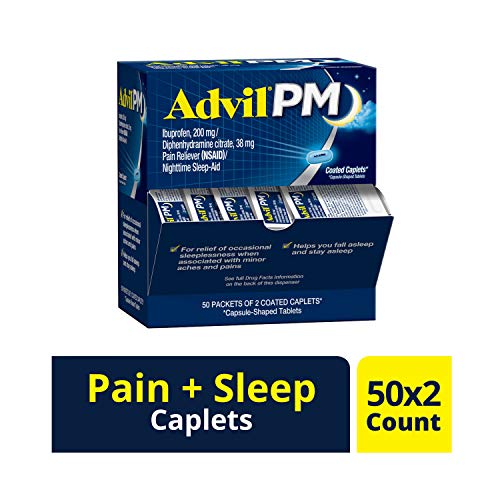 Advil PM (50 x 2 Packets - 100 Count) Pain Reliever / Nighttime Sleep Aid Coated Caplet, 200mg Ibuprofen, 38mg Diphenhydramine, Only $7.32