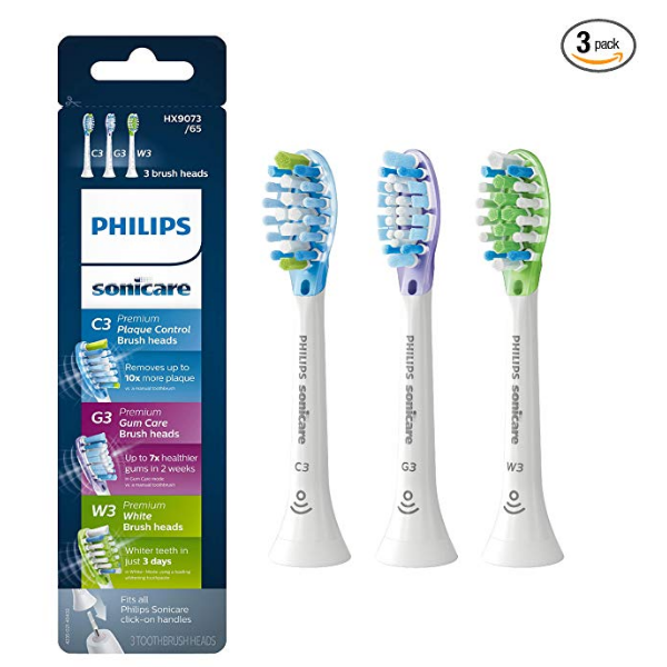 Genuine Philips Sonicare toothbrush head : C3 Premium Plaque Control, G3 Premium Gum Care & W3 Premium White, HX9073/65, 3 pk, White $18.61