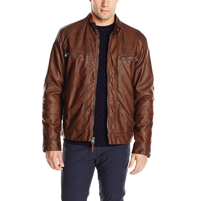 Calvin Klein Men's Faux-Leather Moto Jacket with Hoodie $54.99，free shipping