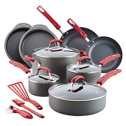 Rachael Ray 87670 15-Piece Hard Anodized Aluminum Cookware Set, Gray with Red Handles, Only $79.99, You Save $110.00(58%)