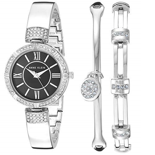 Anne Klein Women's Swarovski Crystal Accented Silver-Tone Bangle Watch and Bracelet Set, AK/3294BKST, Only $49.99