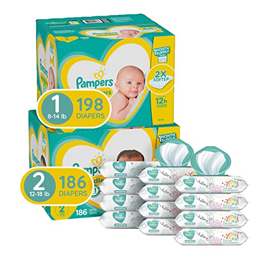 Pampers Baby Diapers and Wipes Starter Kit (2 Month Supply)  - Swaddlers Disposable Baby Diapers Sizes 1 (198 Count) & 2, (186 Count) with Pampers Sensitive Water-Based Baby Wipes, 864 Count $81.44