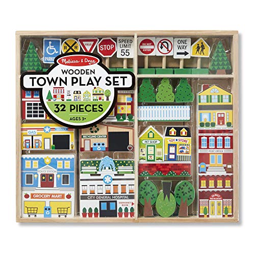 Melissa & Doug Wooden Town Play Set (Vehicles, Wooden Streetscape, Sturdy Wooden Construction, Storage Tray, 32 Pieces, Great Gift for Girls and Boys - Best for 3, 4, 5 Year Olds and Up), Only $17.49