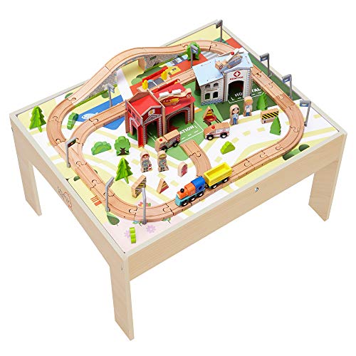 Teamson Kids - 85 Pcs Train Set and Table Wooden Tracks & Accessories Preschool Play Lab Toys Country for Boys Kids Toddlers - Wood, Only $52.60, You Save $73.39(58%)