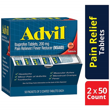 Advil Coated Tablets Pain Reliever and Fever Reducer, Ibuprofen 200mg, 100 Count (50 Packets of 2 Capsules), On the Go Pain Relief, only 6.98