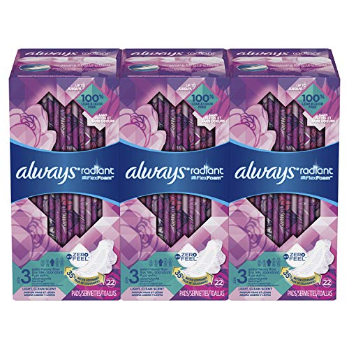 Always Radiant Feminine Pads with Wings for Women, Size 3, 66 Count, Extra Heavy Overnight, Light Clean Scent (22 Count, Pack of 3-66 Count Total), Only $$16.93