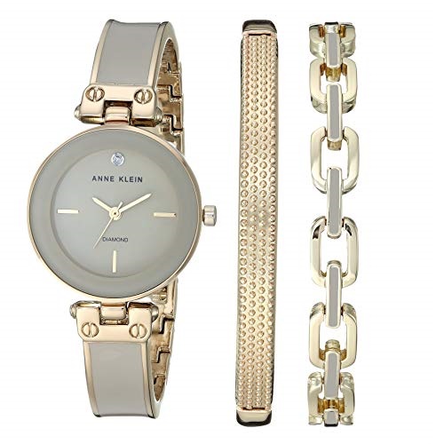 Anne Klein Women's Genuine Diamond Dial Gold-Tone and Tan Bangle Watch with Bracelet Set, AK/3346TNST, Only $49.99