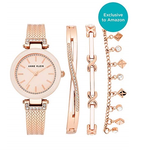 Anne Klein Women's Swarovski Crystal Accented Rose Gold-Tone Textured Bangle Watch and Bracelet Set, AK/3394BHST, Only $59.99, You Save $115.01(66%)