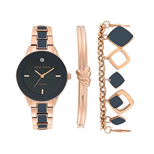 Anne Klein Women's Genuine Diamond Dial Rose Gold-Tone and Navy Blue Watch with Bracelet Set, AK/3348NRST, Only $48.89