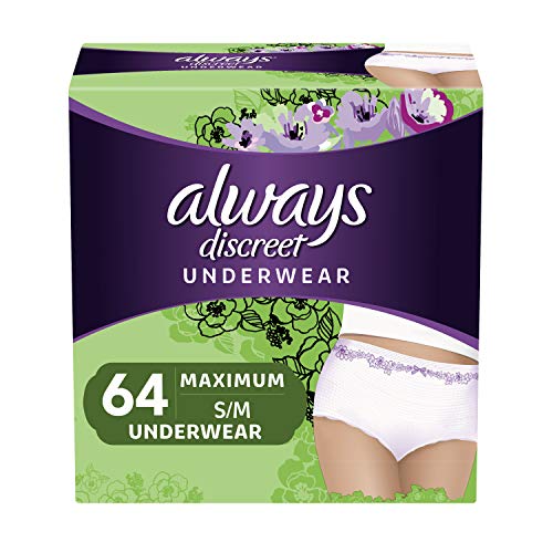 Always Discreet Incontinence & Postpartum Underwear for Women, Small/Medium, 64 Count, Maximum Protection, Disposable (32 Count, Pack of 2-64 Count Total), Only $25.88