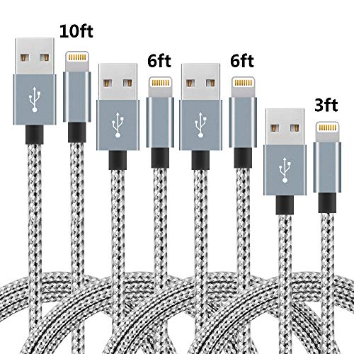IDiSON 4Pack(3ft 6ft 6ft 10ft) iPhone Lightning Cable Apple MFi Certified Braided Nylon Fast Charger Cable Compatible iPhone Max XS XR 8 Plus 7 Plus 6s 5s 5c Air iPad Mini iPod (Gray +White)