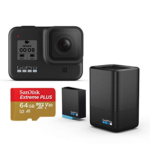GoPro HERO8 Black Camera with Official Extra GoPro Battery (2 Batteries Total) and GoPro Dual Battery Charger and 64GB Sandisk SD Card Bundle, Only $379.00
