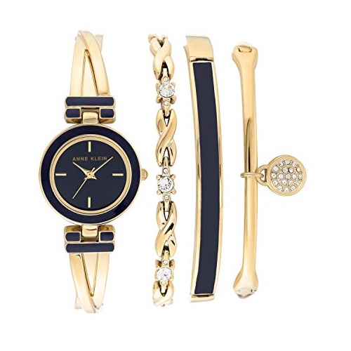 Anne Klein Women's Swarovski Crystal Accented Gold-Tone Bangle Watch and Bracelet Set, AK/3284NVST, Only $47.94
