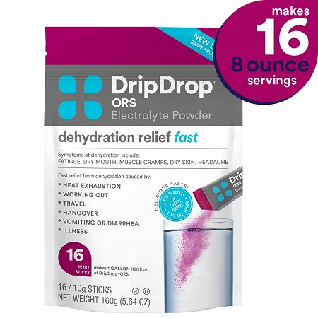 DripDrop ORS – Patented Electrolyte Powder for Dehydration Relief Fast - For Workout, Hangover, Illness, Sweating & Travel Recovery - Berry - 16 x 8oz Servings, only $18.30