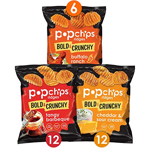 Popchips Ridges Potato Chips Variety Pack Single Serve 0.8 oz Bags (Pack of 30) 3 Flavors: 12 Tangy BBQ, 12 Cheddar & Sour Cream, 6 Buffalo Ranch $8.82