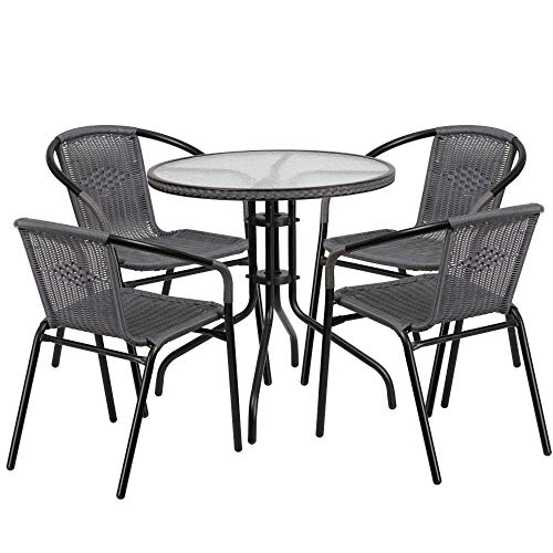Flash Furniture 28'' Round Glass Metal Table with Gray Rattan Edging and 4 Gray Rattan Stack Chairs $109.97