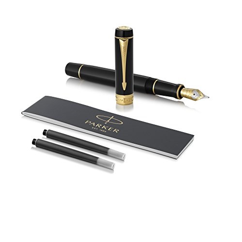 PARKER Duofold Centennial Fountain Pen, Classic Black with Gold Trim, Medium Solid Gold Nib, Black Ink and Convertor (1931382), Only $272.99