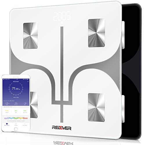 REDOVER-Bluetooth Body Fat Scale with Free IOS and Android App, Smart Wireless Digital Bathroom Scale for Body Weight, Body Fat, Water, Muscle Mass, BMI, BMR, Bone Mass and Visceral Fat,Only $26.99