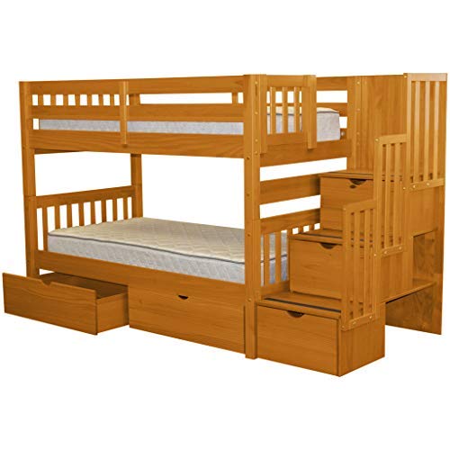 Bedz King Stairway Bunk Beds Twin over Twin with 3 Drawers in the Steps and 2 Under Bed Drawers, Honey, Only $645.84