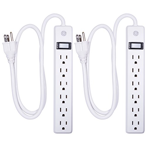 GE 6 Grounded Outlet Surge Protector, 450 Joules, 2 Pack Power Strip, 3 Ft Long Extension Cord, Heavy Duty, On/Off Switch, Integrated Circuit Breaker, Warranty, UL Listed, White, 14709, Only $12.06