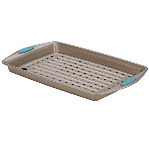 Rachael Ray 47426 Cucina Nonstick Bakeware Set with Grips, Nonstick Cookie Sheet / Baking Sheet and Crisper Pan - 2 Piece, Latte Brown with Agave Blue Handle Grips, Only $15.99