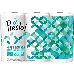 Amazon Brand - Presto! Flex-a-Size Paper Towels, Huge Roll, 6 Count = 15 Regular Rolls $14.99