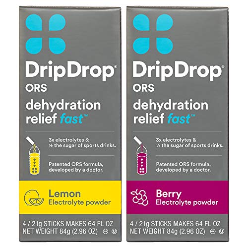 DripDrop ORS – Patented Electrolyte Powder for Dehydration Relief Fast - For Workout, Hangover, Illness, Sweating & Travel Recovery - Lemon & Berry 2-Pack - 8 x 16oz Servings, Only $13.78