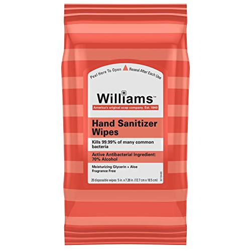 Williams Hand Sanitizer Wipes, Kills 99.99% of Many Common Bacteria, with Moisturizing Gylcerin + Aloe, Fragrance Free, 20 Wipes, Only $2.83 free shipping