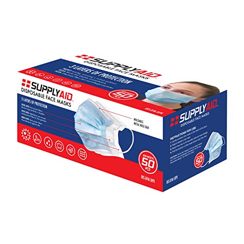 SupplyAID RRS-DFM-50PK Disposable 3-Layer Face Mask, 3-Ply, 50 Count, Blue, White, Only $7.12