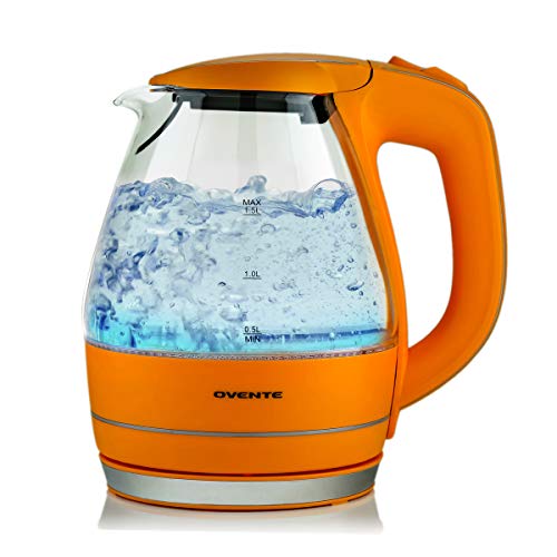 Ovente Electric Hot Water Glass Kettle 1.5 Liter with Heat Tempered Borosilicate Glass, 1100 Watts BPA-Free Fast Heating Element with Auto Shutoff and Boil Dry Protection, Orange (KG83O), Only $17.91