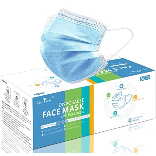 Taimu  50 Pcs Disposable Face Masks, Comfortable Earloop Procedure Mask 3-Layer with Melt-Blown Fabric, to Protection and Personal Health Professional 3-Layer Anti Dust Breathable, Only $19.99
