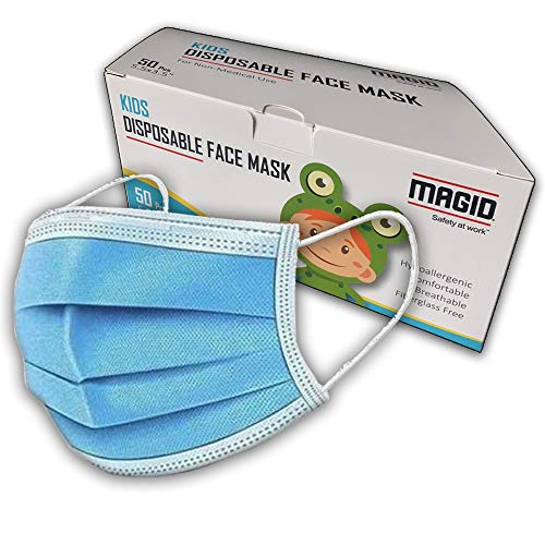 MAGID 3 Ply Disposable Kids Face Masks with Adjustable Nose Bridge - Pack of 50 Masks - Breathable 3 Layer Face Mask Covers with Elastic String Earloops (KM005), Only $16.99