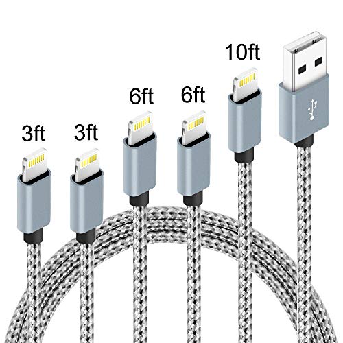5Pack (3ft,3ft,6ft,6ft,10ft) Nylon Braided Charging Cord Charger Compatible with PhoneX/8/8Plus 7/7 Plus/6s/6s Plus/6/6 Plus/5s/55se,Pad,Pod and More (Gray&White)