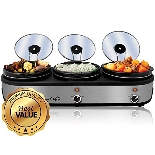 MegaChef MC-1203 Triple 2.5 Quart Slow Cooker and Buffet Server in Brushed Silver and Black Finish with 3 Ceramic Cooking Pots and Removable Lid Rests, Only $49.99, You Save $40.00 (44%)