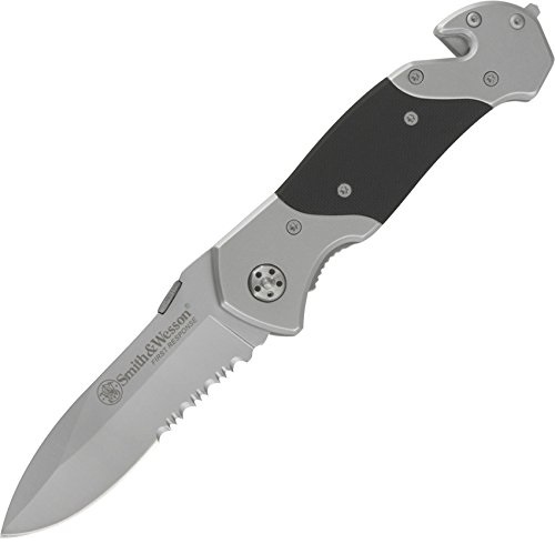 Smith & Wesson SWFRS 8in High Carbon S.S. Folding Knife with 3.3in Drop Point Serrated Blade and S.S. with G-10 Inlay Handle for Outdoor, Tactical, Survival and EDC, Only $8.95