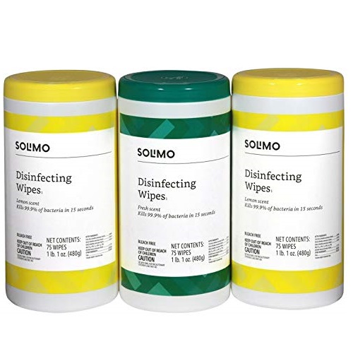 Amazon Brand - Solimo Disinfecting Wipes, Lemon Scent & Fresh Scent, Sanitizes/Cleans/Disinfects/Deodorizes, 75 Wipes Each (Pack of 3), Only $7.00