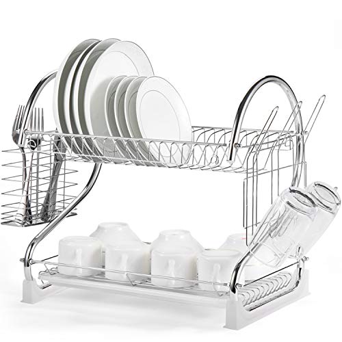 Glotoch 2 Tier Dish Drying Rack  Double Rust-Proof Treatment Dish Rack with More Stable Footpad, Utensil Holder, Cup Holder and Dish Drainer for Kitchen Counter Top Silver 16.5 x 9.5 x 15, Only $19.99