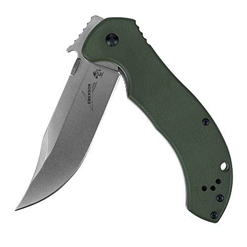 Kershaw-Emerson CQC-10K Pocket Knife (6030); 3.5 In Blade; 8Cr14MoV Steel; Stonewash Finish; Bowie-Style Blade; Curved Handle; Olive Drab Cameo Finish; Reversible Clip, 5 oz.,Medium, Only $26.94