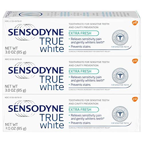Sensodyne True White Sensitive Teeth Whitening Toothpaste for Stained Teeth, Cavity Prevention and Sensitive Teeth Treatment, Extra Fresh - 3 Ounces (Pack of 3), Only $15.00