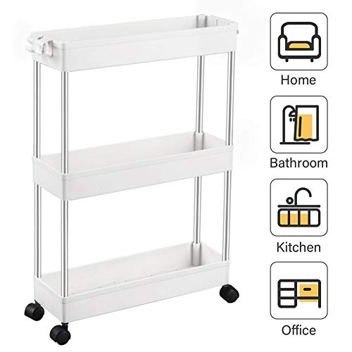 SPACEKEEPER 3 Tier Slim Storage Cart Mobile Shelving Unit Organizer Slide Out Storage Rolling Utility Cart Tower Rack for Kitchen Bathroom Laundry Narrow Places, White, Only $17.59