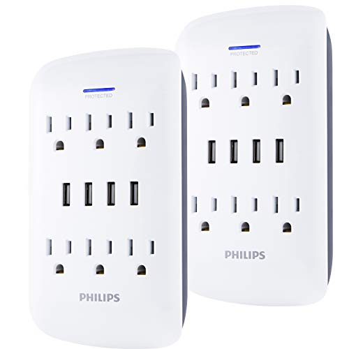 PHILIPS 6-Outlet Surge Protector Wall Tap with 4 USB Ports, 2 Pack, Charging Station, Power Adapter, 900 Joules, Extender, White, SPP6469WG/37, Only $22.99