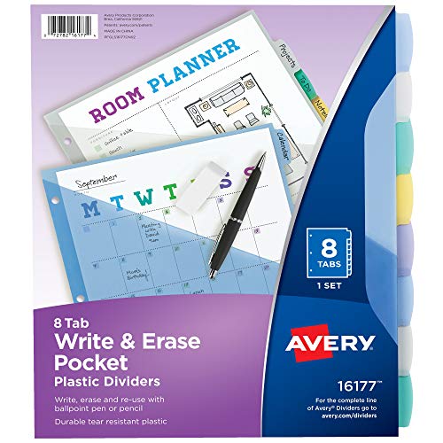 Avery 8-Tab Plastic Binder Dividers with Pockets, Write & Erase Multicolor Big Tabs, 1 Set (16177) $2.98