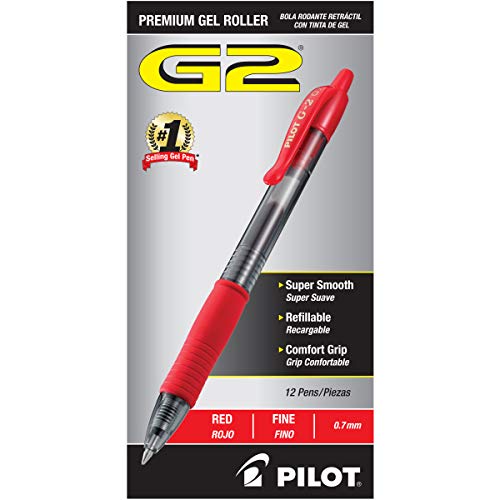 PILOT G2 Premium Refillable & Retractable Rolling Ball Gel Pens, Fine Point, Red Ink, 12-Pack (31022) 	$6.36