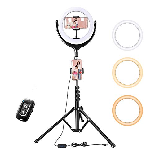 TaoTronics Ring Light with Tripod Stand 2 Phone Holders and Bluetooth Remote Shutter, 3 Lighting Modes, 10 Brightness Levels, Dimmable Light for Live Streaming,  Make Up, Only $34.99