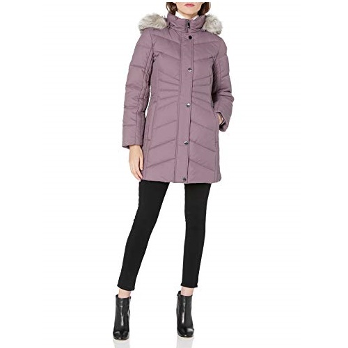 Anne Klein womens Chevron Quilt Coat With Waist Detail With Faux Fur Hood, Only $51.90