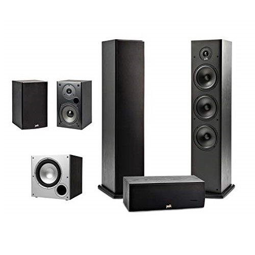 Polk Audio 5.1 Channel Home Theater System with Powered Subwoofer |Two (2) T15 Bookshelf, One (1) T30 Center Channel, Two (2) T50 Tower Speakers, PSW10 Sub | Alexa + HEOS, Only $395.00