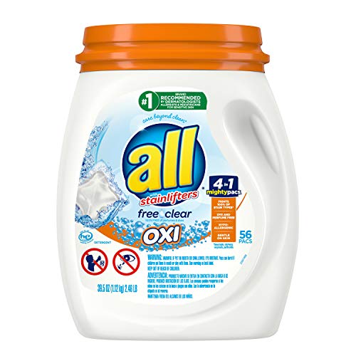 All Mighty Pacs Laundry Detergent with Oxi Stain Removers and Whiteners, Free Clear, Tub, 56 Count, Only $6.16