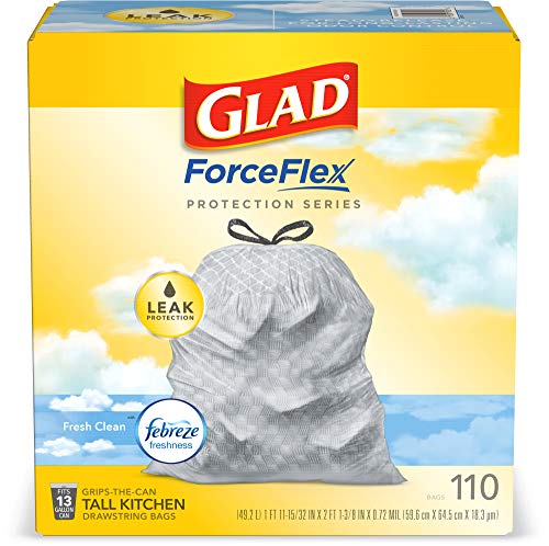 Glad ForceFlex 13加侖帶抽繩清新廚房垃圾袋，110個，原價$20.88 ，現點擊coupon'后僅售$17.75，免運費！