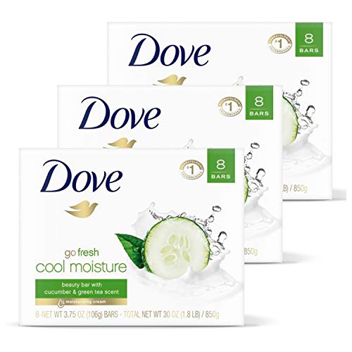 DOVE BAR Go Fresh Beauty Bar Gentle Cleanser for Softer and Smoother Skin Cool Moisture with 1/4 Moisturizing Cream, More Moisturizing than Bar Soap 8 Bars 3 Count, 3.75 Ounce, 24 Count, Only $19.33